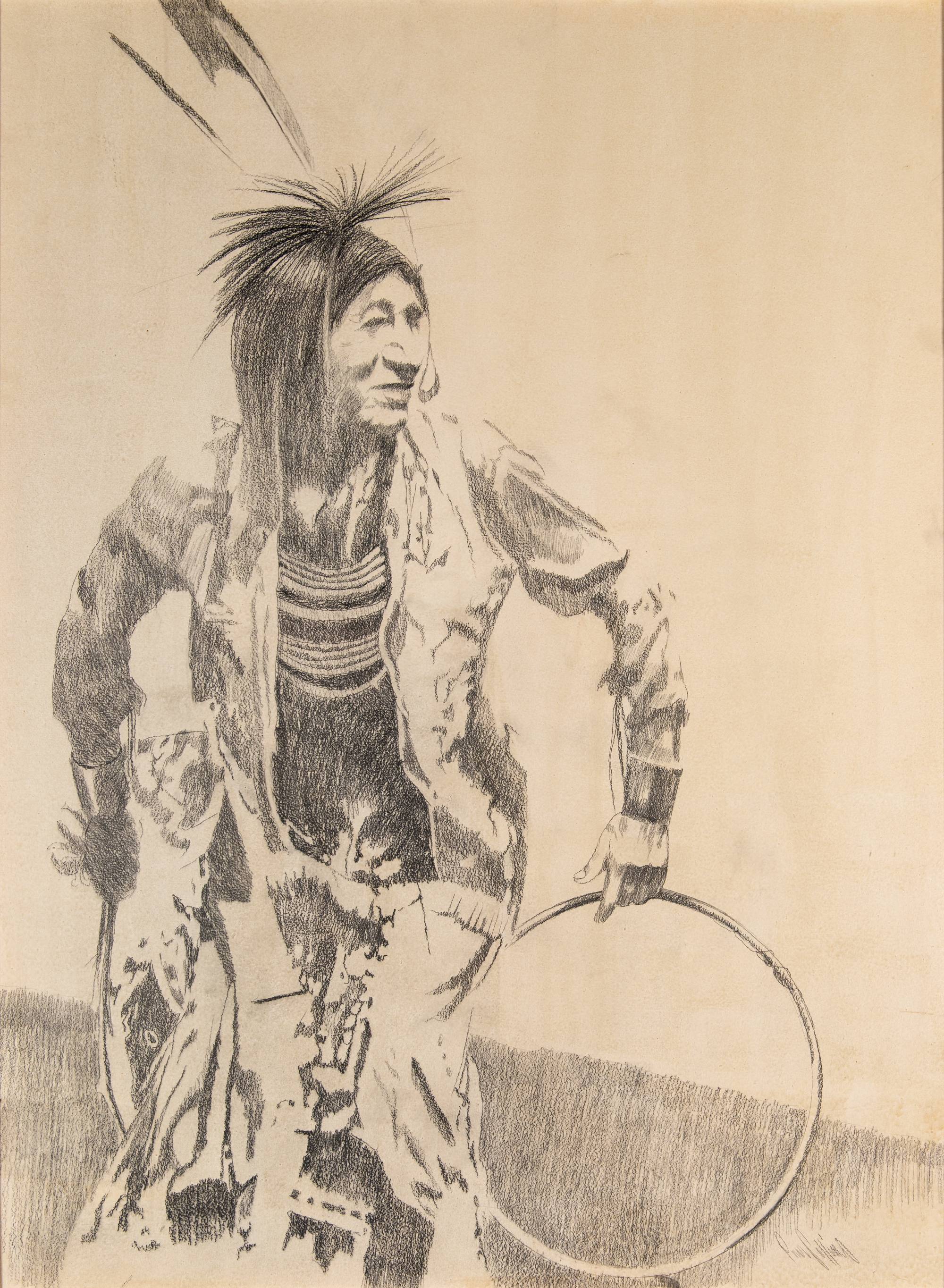 graphite drawing of dancing native american man